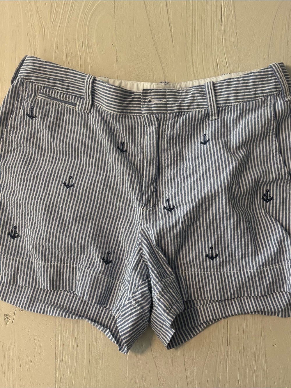 Polo by Ralph Lauren Blue & White Striped Anchor Embroidered High-Waist Shorts